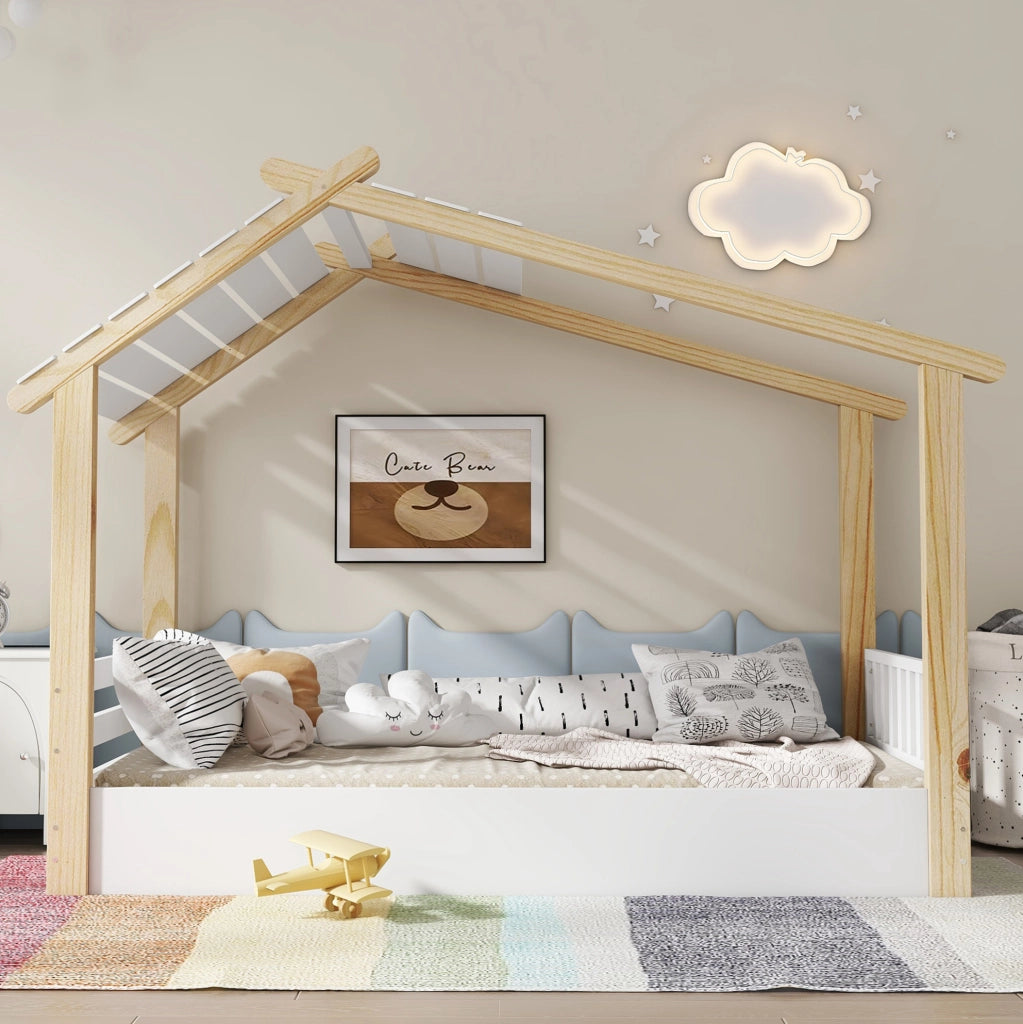 Letto per bambini a casetta 90x200 cm in legno bianco e naturale