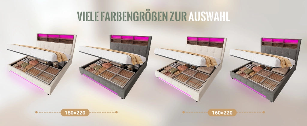 DESMIU Letto contenitore 160 × 200 cm 2 posti con 6 scomparti, USB-C e LED, senza materasso, velluto beige