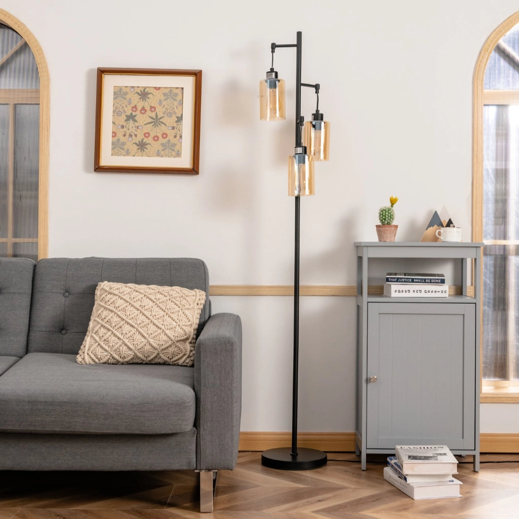 Lampada da lettura retr¨° con paralume in vetro ambrato a 3 teste sospese, Lampada da terra per soggiorno da letto Nero