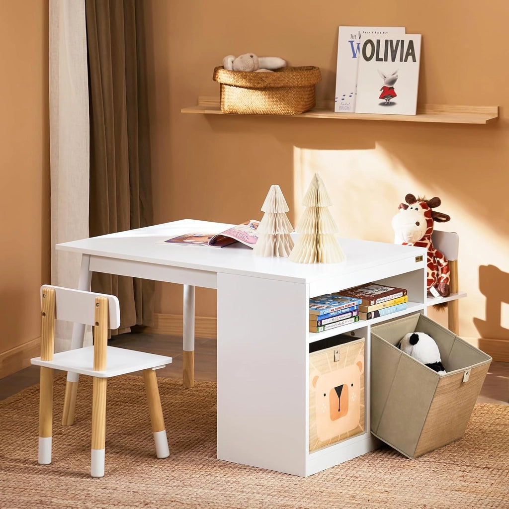 Tavolo per bambini con 2 sgabelli Set mobili per bambini Tavolo con spazio di archiviazione Bianco 90x60x53cm KMB113-W