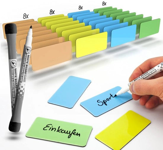 Strisce magnetiche descrittive con 2 marker - 32 pezzi (4 colori) - 80x40 mm tavole magnetiche per scrivere, etichette magnetiche, magneti descrittivi per scrivere su lavagne bianche e banchi Kanban