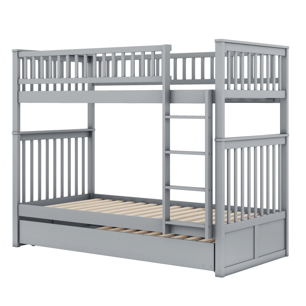 OKWISH Letto a Castello 90×200 cm, Letto 3 Posti con Letto Estraibile, Scala e Sponde Alte, senza Materasso, in Pino, Grigio