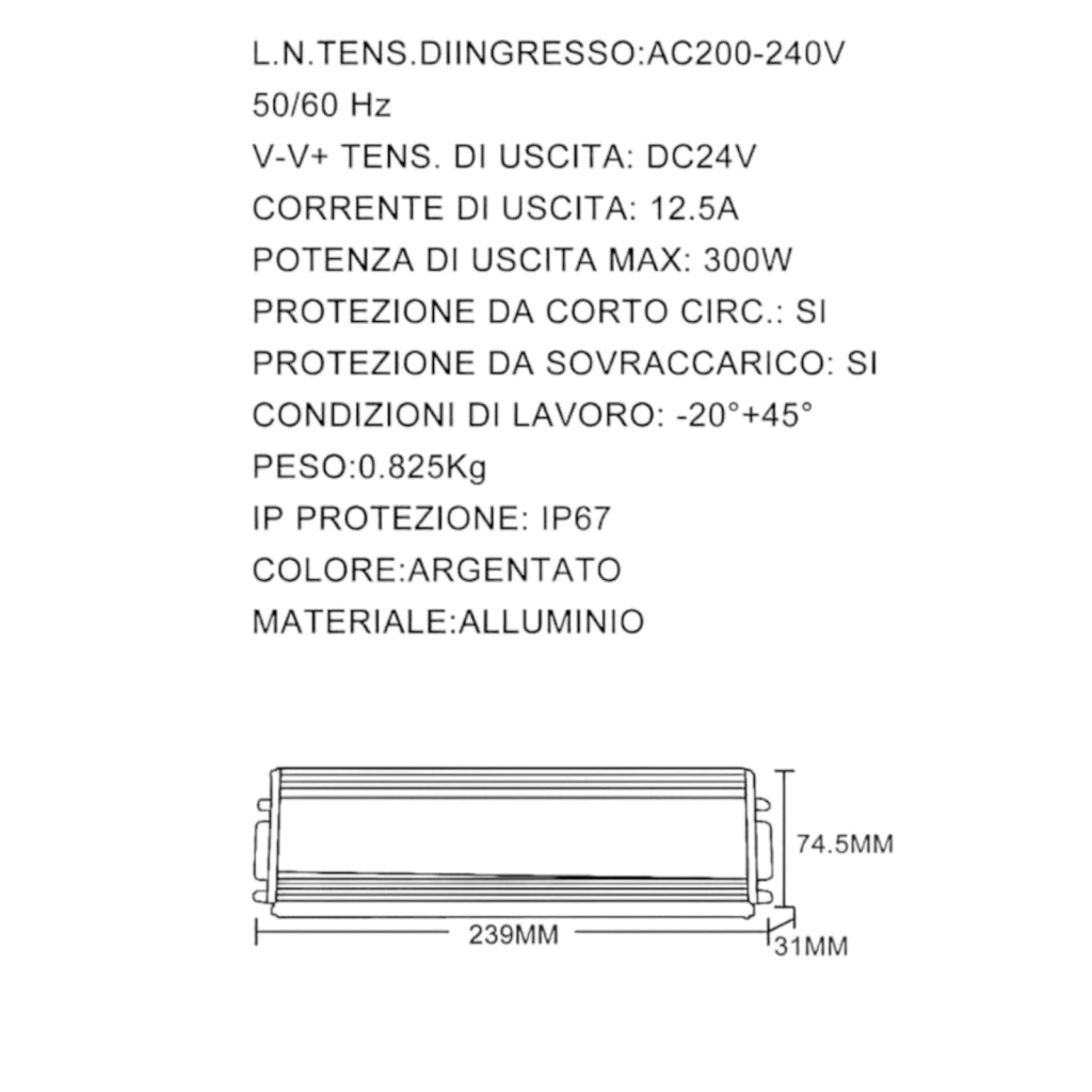 ALIMENTATORE TRASFORMATORE METALLICO STABILIZZATO SWITCHING IMPERMEABILEI P67 220V-24V 12.5A 300W