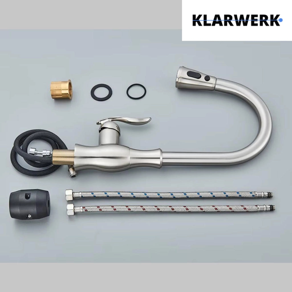NAVIS | Elegante rubinetto cucina estraibile in acciaio inox cromato argento, arco alto, miscelatore di lusso, alta pressione, 360°, 2 attacchi
