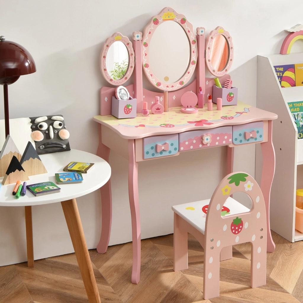Set toeletta con specchio tripartito e 3 cassetti per bambini, Tavolo da trucco con sgabello e 2 scatole Rosa