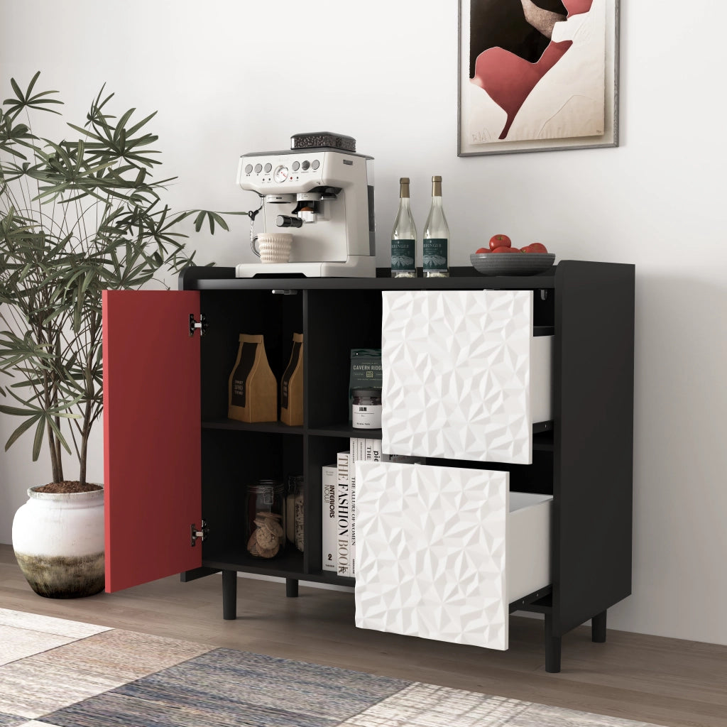 Credenza con 2 Cassetti; 2 Vani a Giorno e 2 Ante; Stile Moderno; in MDF; Nero e Rosso; 90??40??80 cm