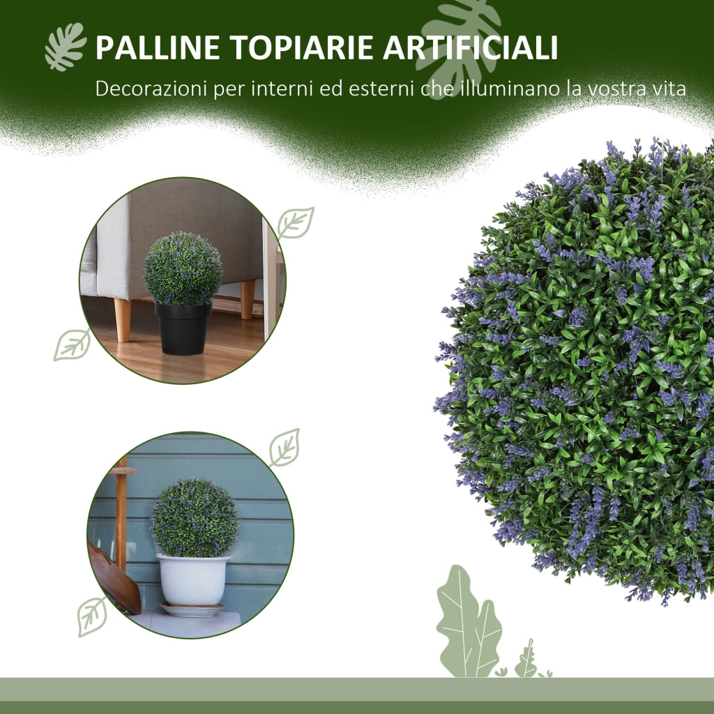Set di 2 Piante Artificiali a Sfera con Fiori di Lavanda per Casa e Giardino ?42 cm, Verde e Viola
