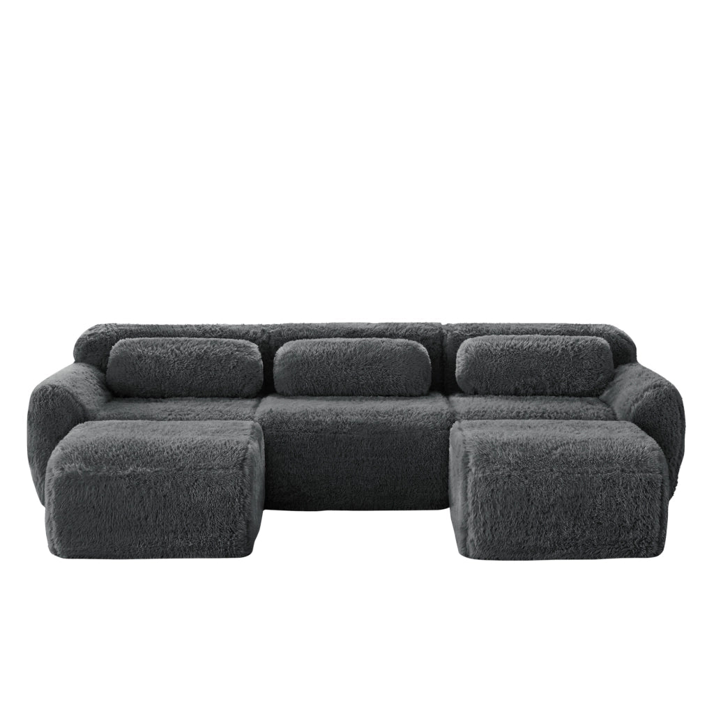 Divano modulare con pouf collegabile e base antiscivolo in peluche grigio