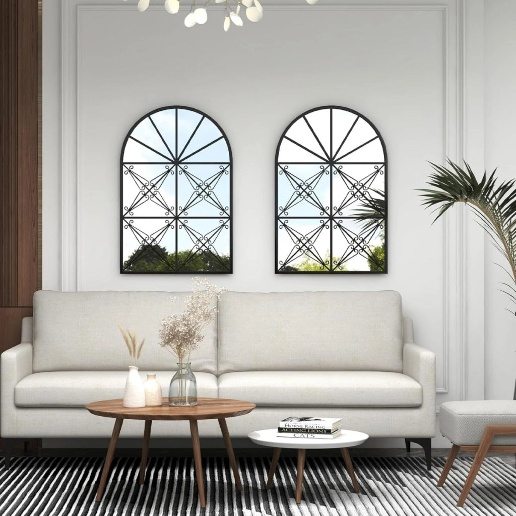 Specchio decorativo a finestra ad arco con cornice in metallo, Decorazione a finestra per camera da letto e bagno Nero