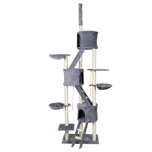 Albero tiragraffi grigio chiaro al soffitto con sisal 233-270 cm con amaca e casette per gatti