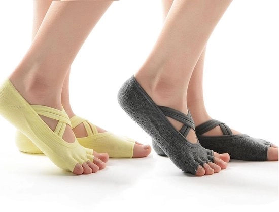 2 paia di calze antiscivolo per Pilates - Calze yoga per donne - Calze sportive respiro con grip - Calze yoga con dito diviso - Calze antiscivolo con doppia cintura per pavimento - Ideali per balletto, Pilates e yoga