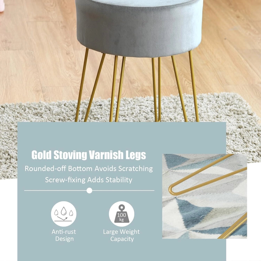 Sgabello Velluto, Ottomano Poggiapiedi, Rotondo, con Gambe in Metallo, Moderno per Soggiorno, Camera e Camerino, Portata di 100 kg, 39x39x46 cm, 4 Colori Disponibili (Grigio)