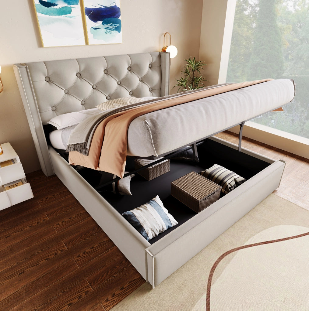 Letto matrimoniale imbottito con contenitore 160x200 cm; testa letto capitonn茅; grigio chiaro