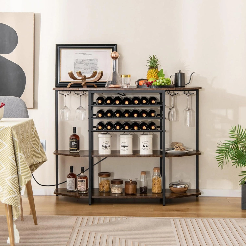 Credenza con portabottiglie per 21 bottiglie, tavolino da cucina sottile con 2 porte USB e 2 prese, portabottiglie a 3 livelli con supporto in vetro, tavolo industriale per vino, 120 x 40 x 92