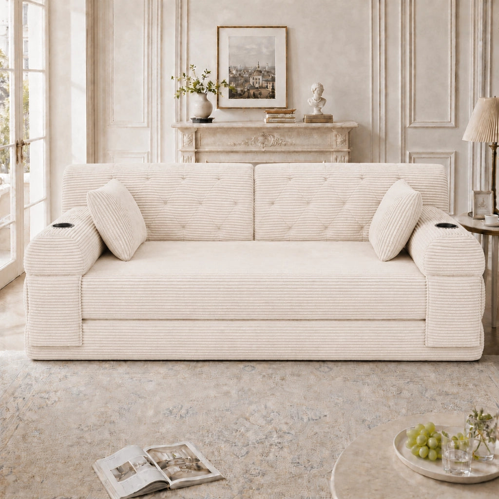 DIVANO LETTO 2 POSTI 168 cm Beige in tessuto a coste con schienale alto