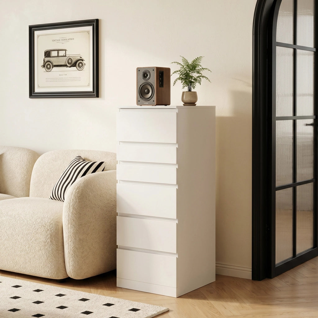 Cassettiera 40x48x110 cm 6 Casetti con Specchio Ribaltabile in MDF Bianco