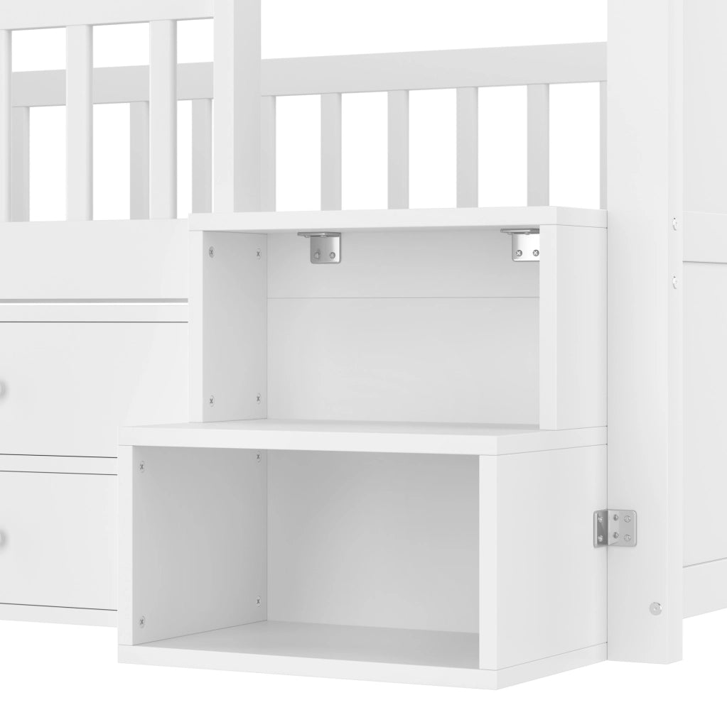 Letto semialto per bambini 90x200 cm a casetta con LED, scala contenitore e cassetti, bianco