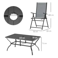 Set da Giardino 7 Pezzi con Tavolo da Pranzo con Foro per Ombrellone e 6 Sedie Pieghevoli, Grigio