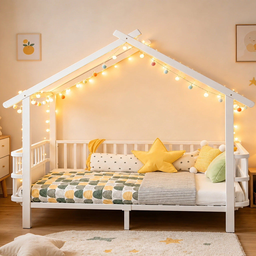 Letto per bambini 90 × 200 cm con barriera di sicurezza, struttura a casetta, sans materasso, en metallo, bianco