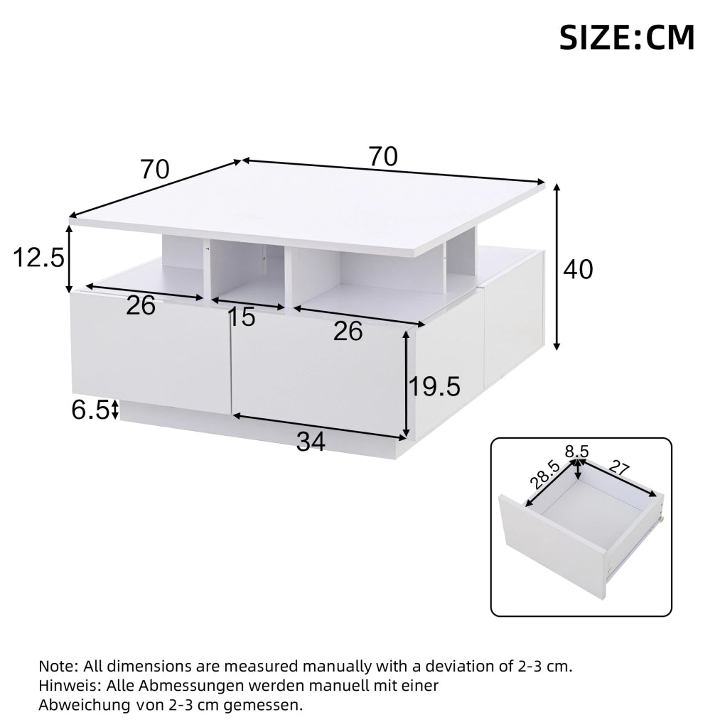 Tavolino da caffè LED bianco 70x70 cm con 4 cassetti