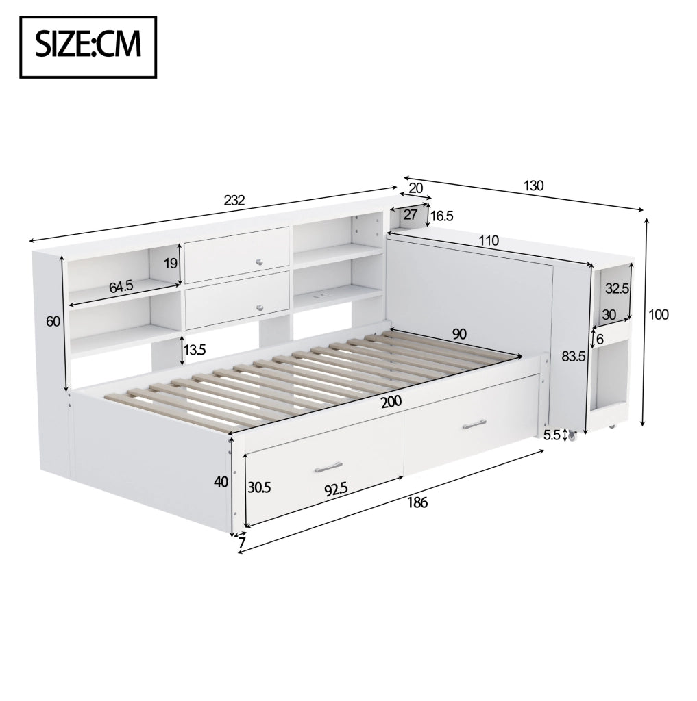 Letto singolo 90x200 cm con scrivania estraibile; cassetti e USB; bianco