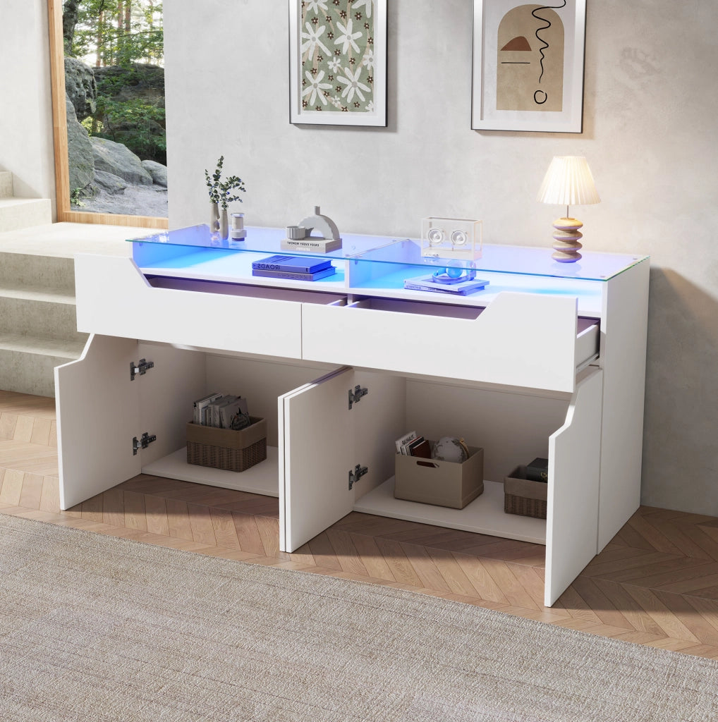 Credenza 140x40x70 cm con 2 cassetti, LED USB e piano in vetro temperato bianco