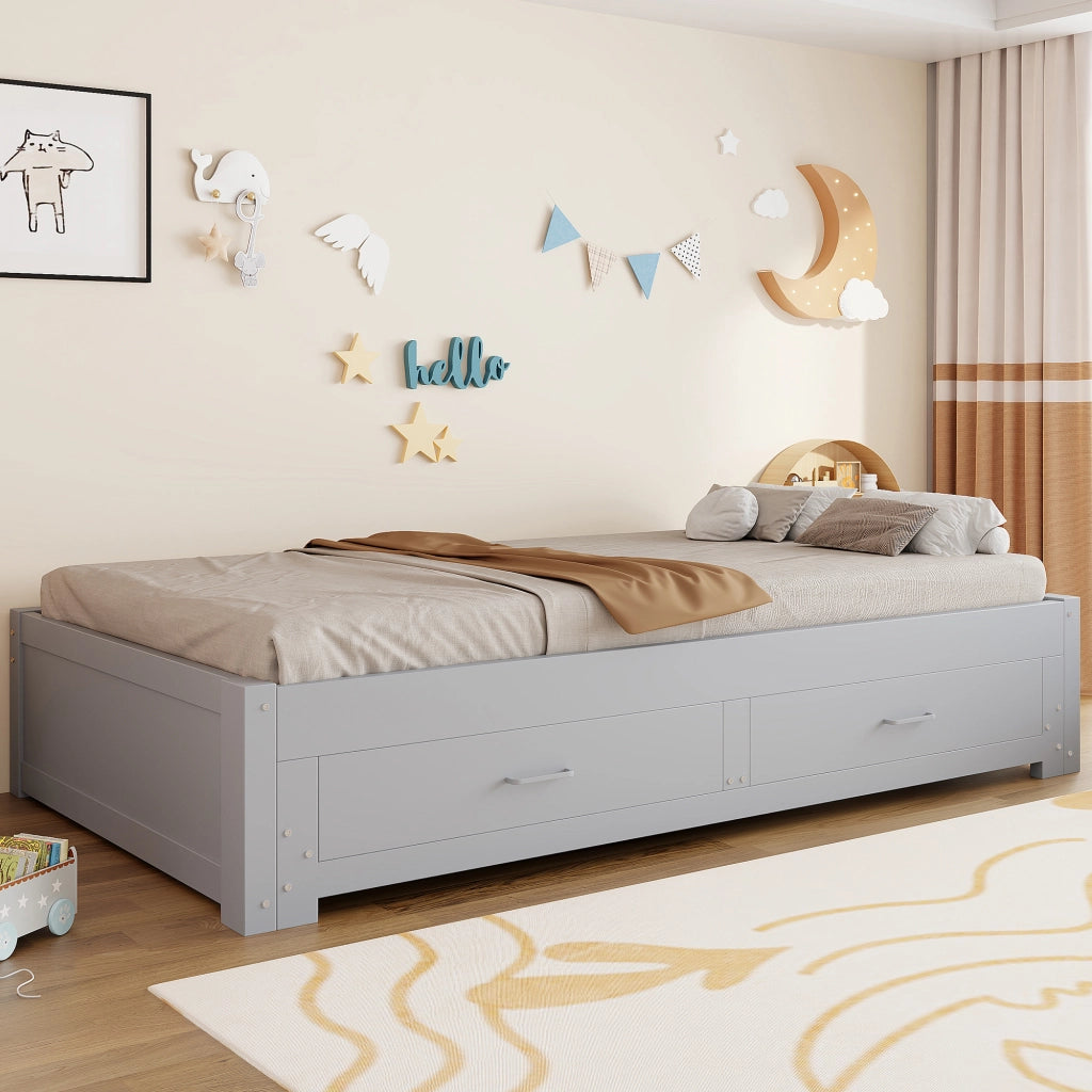 Letto estraibile singolo 90×190 cm e 180×190 cm con 2 cassetti e rete; senza materasso; legno; grigio