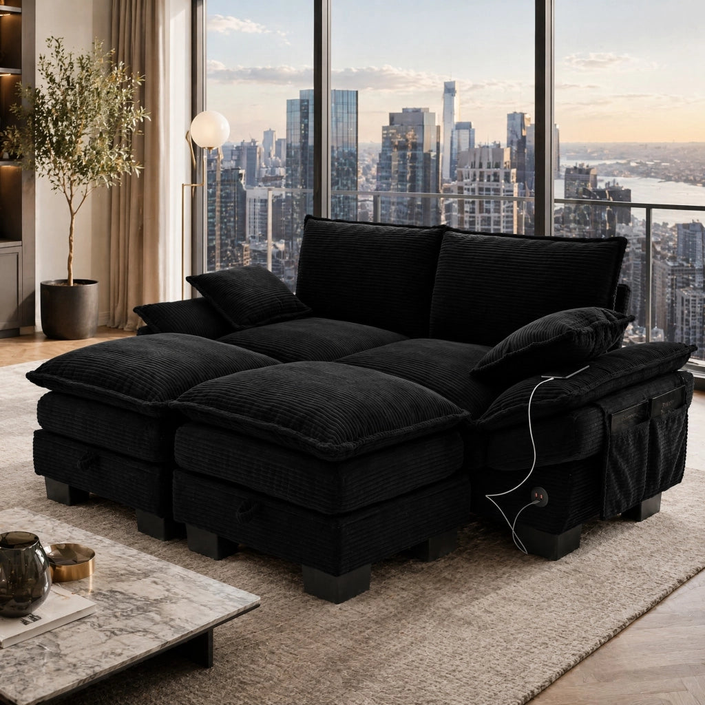 Divano modulare 2 posti in corduroy nero con 2 pouf; USB-C e tasche laterali 190x132x84 cm