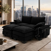 Divano modulare 2 posti in corduroy nero con 2 pouf; USB-C e tasche laterali 190x132x84 cm