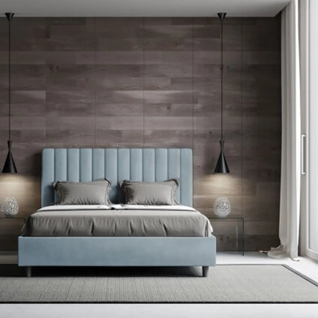 Letto matrimoniale francese contenitore imbottito 140x200 microfibra azzurro Agueda