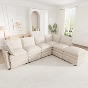 Divano modulare 6 posti in ciniglia beige con pouf