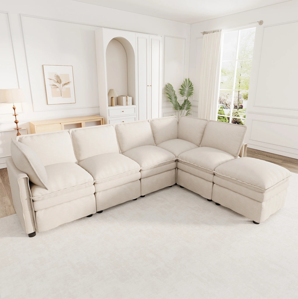 Divano modulare 6 posti in ciniglia beige con pouf