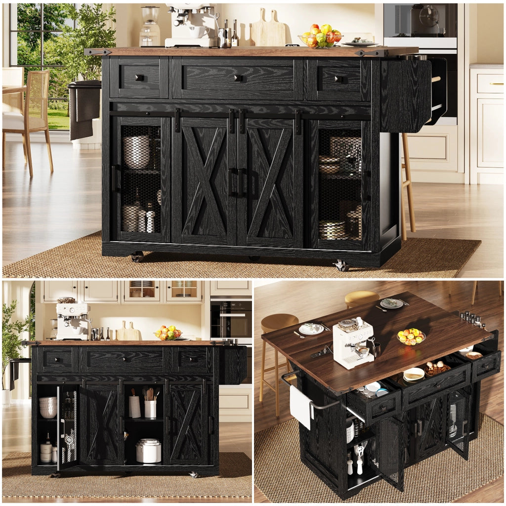 Credenza da cucina con 3 cassetti; ante scorrevoli; prese e USB per cucina in MDF nero