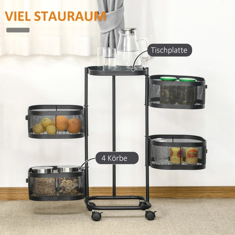 CARRELLO portaoggetti girevole 33x33x77 cm nero in acciaio, 4 cestelli