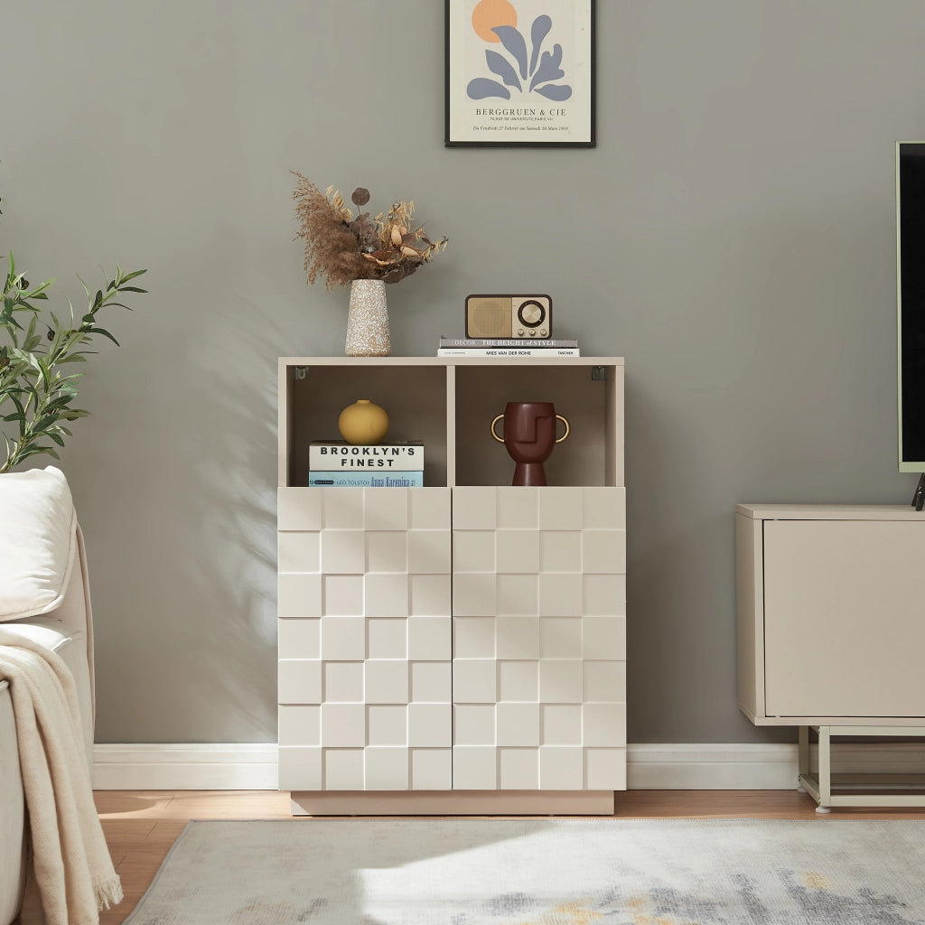 Armadio Comò Alto Bopibobro a 2 Ante Credenza con 2 Ripiani Aperti e 4 Vani Chiusi 86 x 64 x 36 cm - Beige [en.casa]