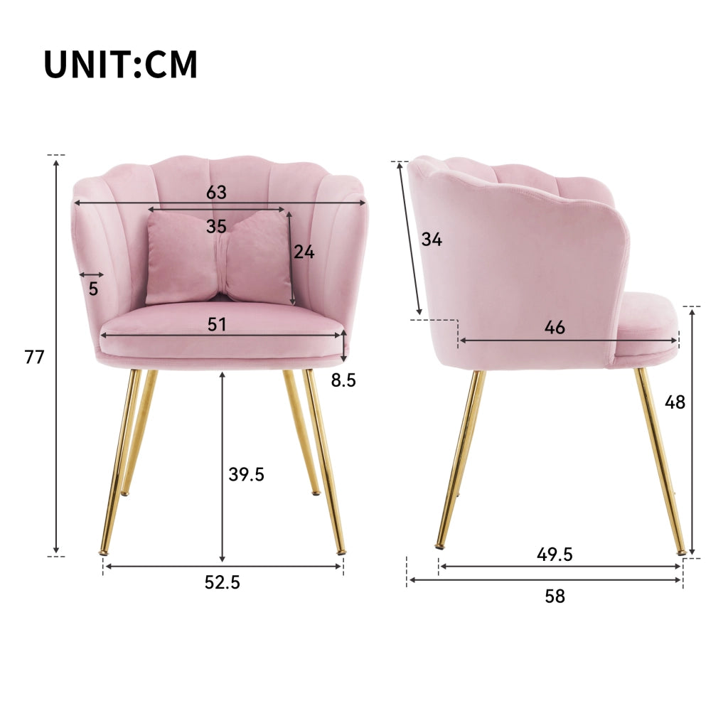 Poltrona da soggiorno in velluto rosa con schienale a petalo; cuscino e gambe in metallo 62x54x43 cm