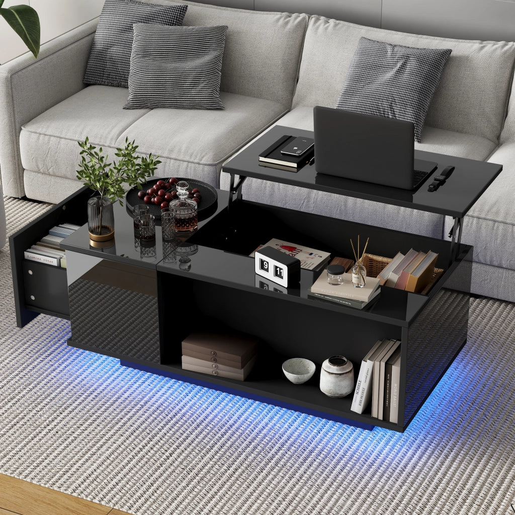 Tavolino da Salotto Reclinabile Idraulico con 1 Cassetto; Vano Nascosto e LED Bluetooth; Lucido; in Pannelli di Truciolare; 100×50×40 cm; Nero