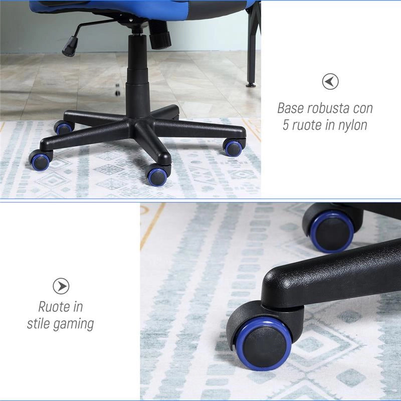 SEDIA DA GAMING POLTRONA DA UFFICIO GIREVOLE CON RUOTE IN SIMILPELLE NERA BLU