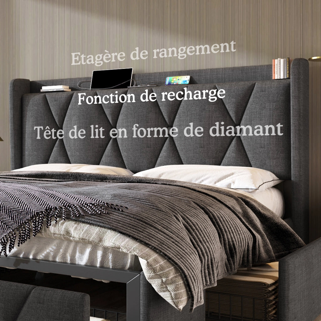 Letto Contenitore 140x200 cm; 4 Cassetti; USB e Prese - in Lino - Grigio