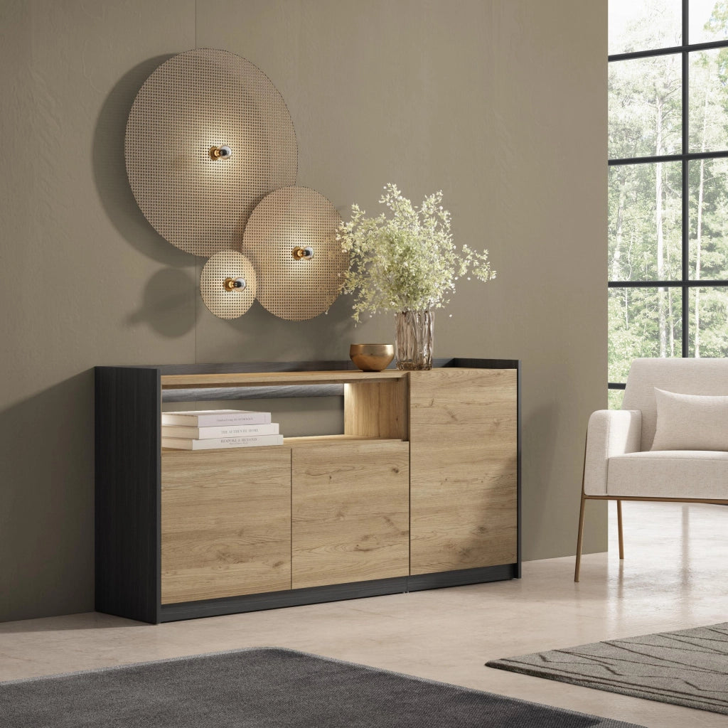 Credenza, Mobile, Cucina, 156x80x37 cm, 3 Porte, LED, Rovere e nero
