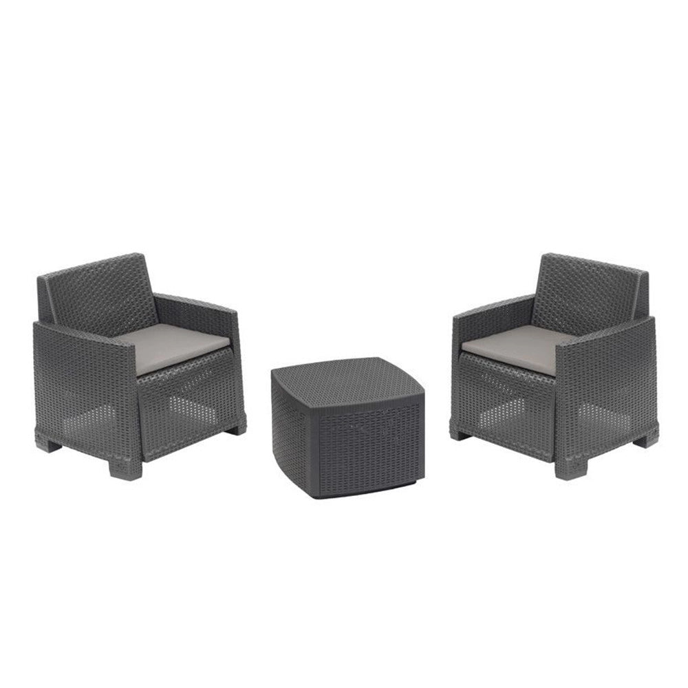 Trade Shop - Set Salotto Esterno Con 2 Poltrone Tavolino Contenitore Effetto Rattan Cuscini Giardino -