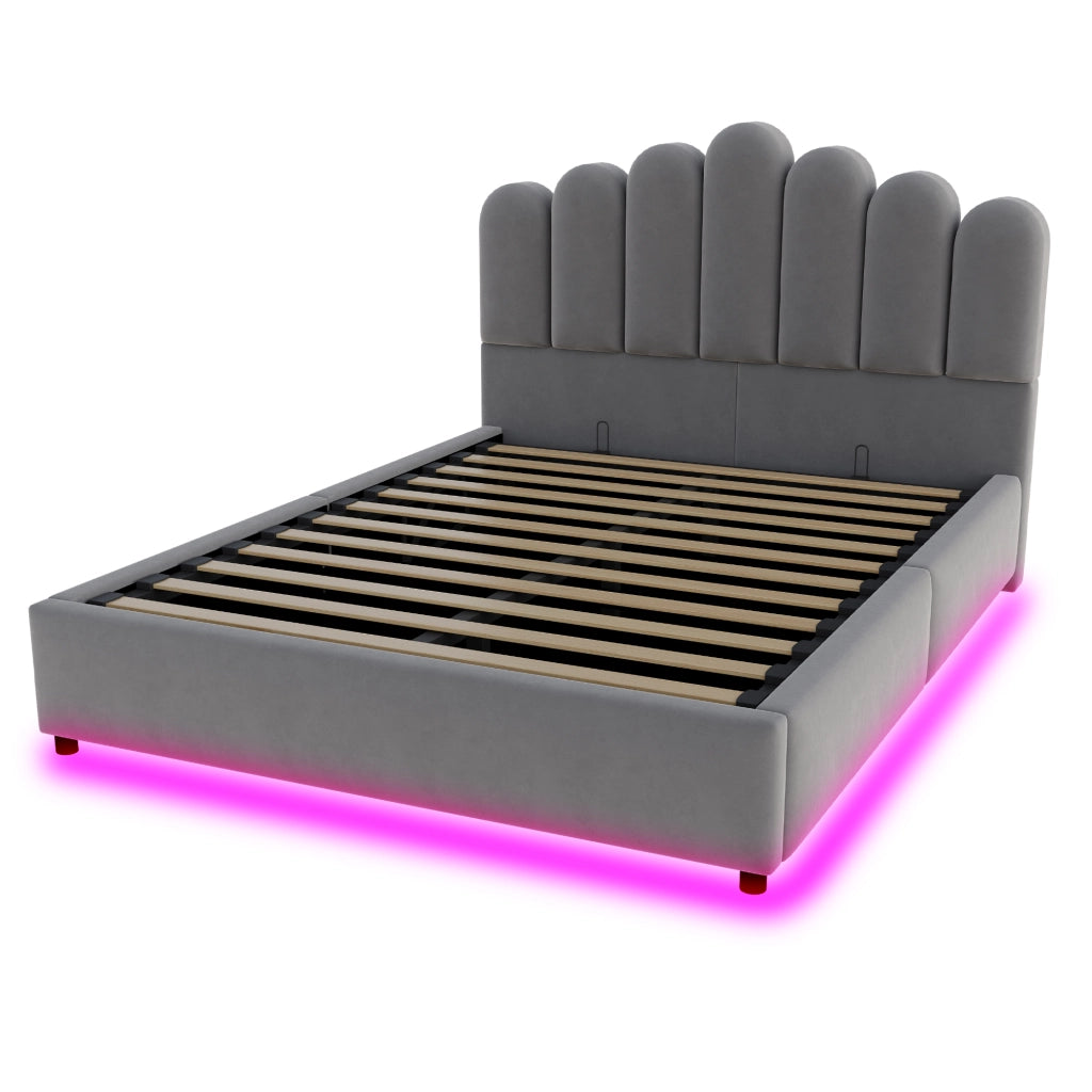 Letto imbottito 140x200 cm in velluto grigio con contenitore idraulico, LED e rete a doghe