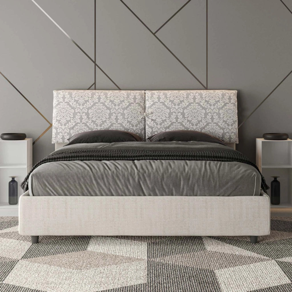 Letto Matrimoniale 160x210 cm con Rete e Contenitore con Testata e Alzata Comoda Imbottito in Tessuto Agata Mados Bianco