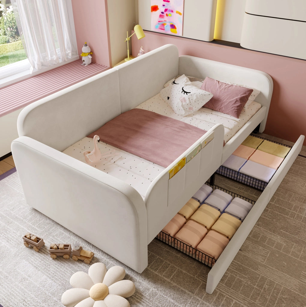Letto imbottito 90x200 cm con contenitore e tasche in velluto bianco