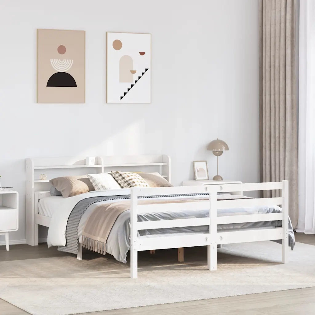 Letto matrimoniale | Letto per adulti | Giroletto con Testiera Bianco 135x190 cm Legno Massello di Pino