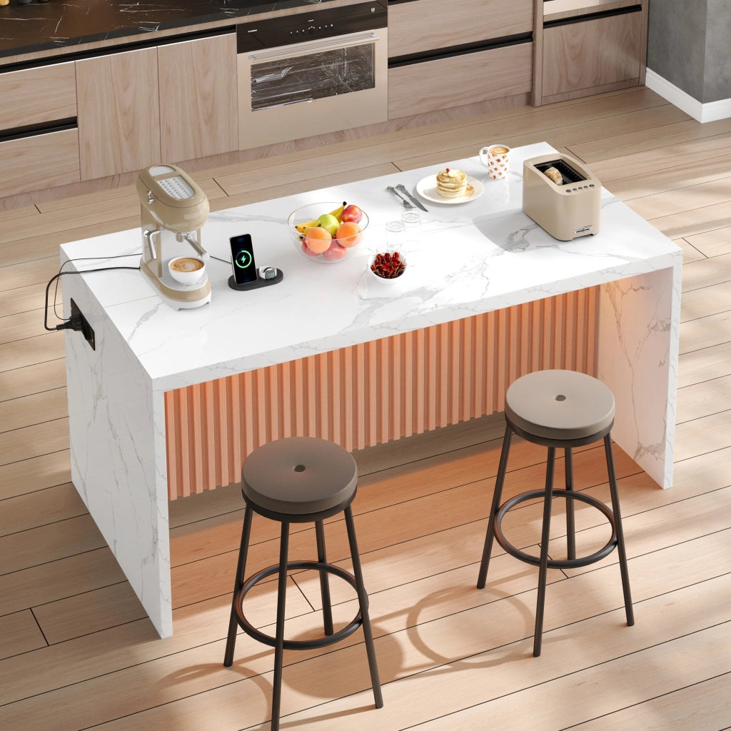 Isola da cucina 155x80x90 cm in MDF, bianco effetto marmo, con LED, prese EU e USB, piano da 40 mm