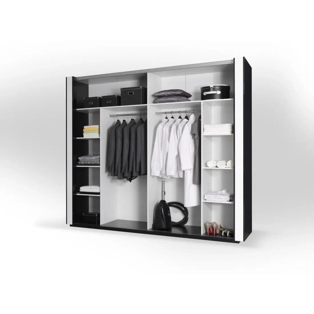 Armadio bianco e nero LINA – 220 x 225 x 68 cm con 2 grandi guardaroba e 2 grandi specchi
