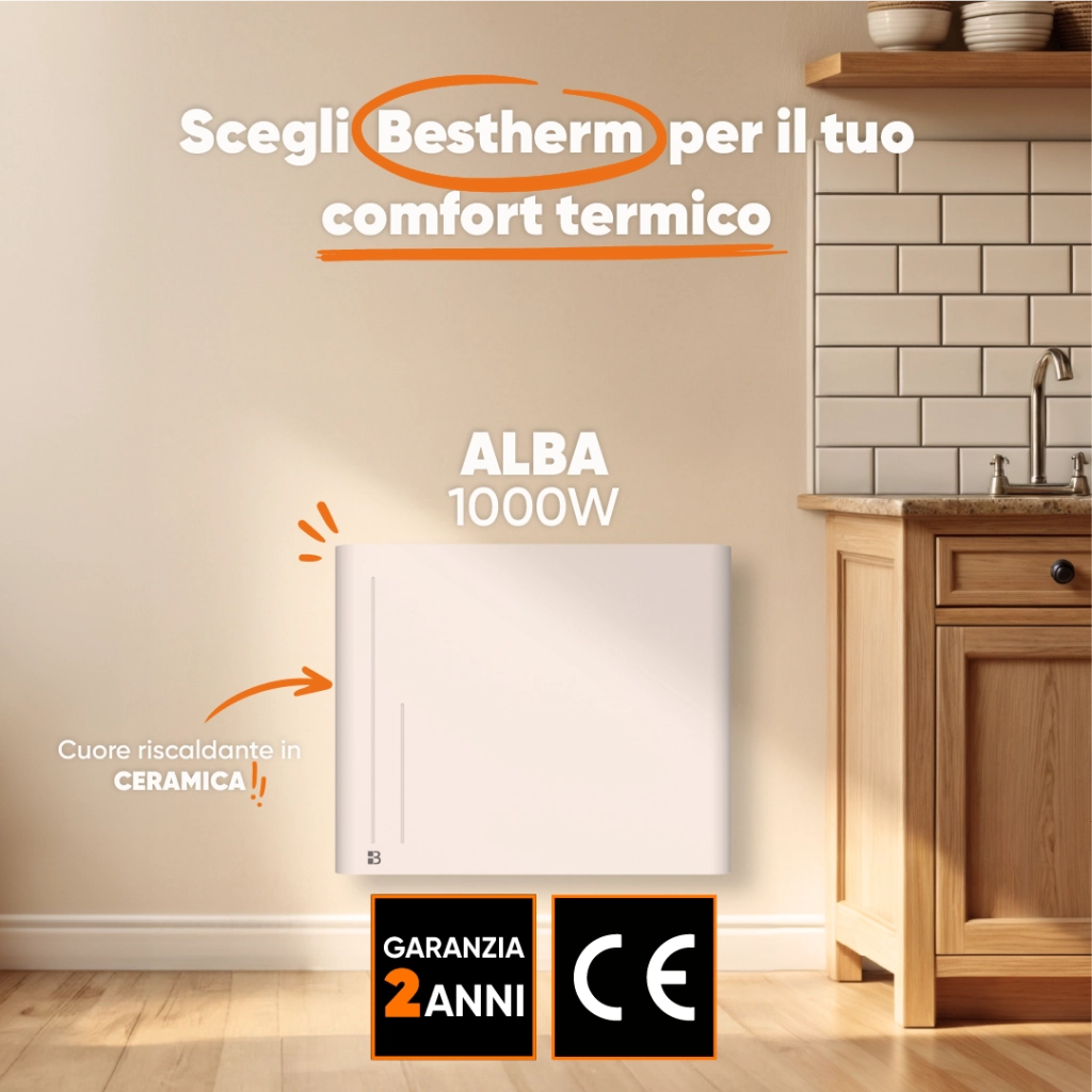 Radiatore elettrico fisso ad inerzia ceramica a secco 1000W ALBA orizzontale bianco