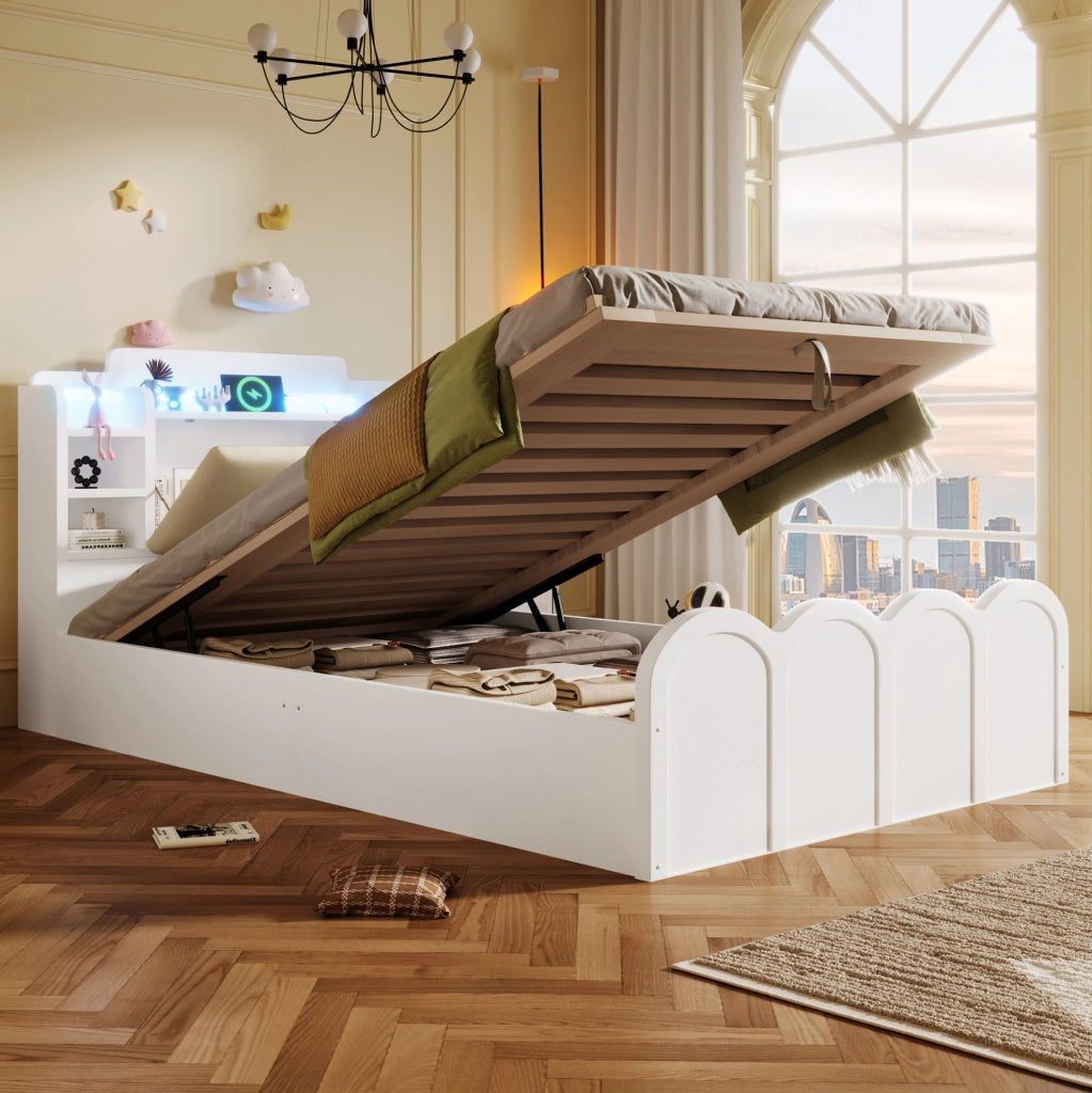 Letto singolo 90x200 cm con contenitore idraulico, LED e USB-C