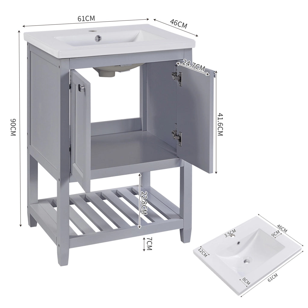 Mobile bagno con lavabo in ceramica; grigio e bianco